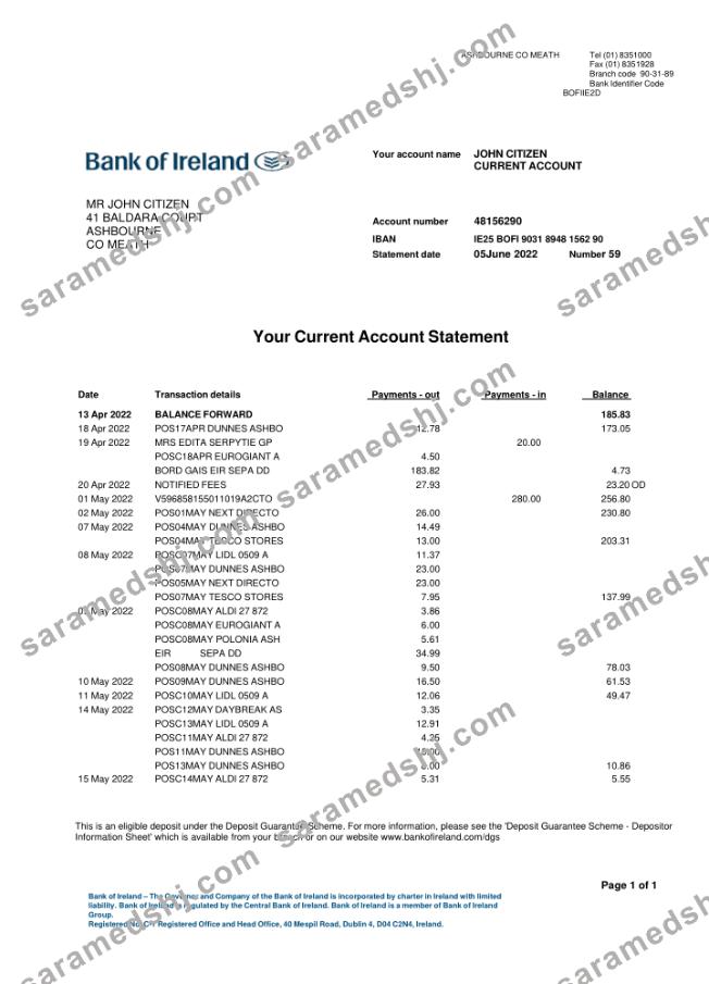 Ireland Bank of Ireland bank statement template, Word and PDF format, 2 pages